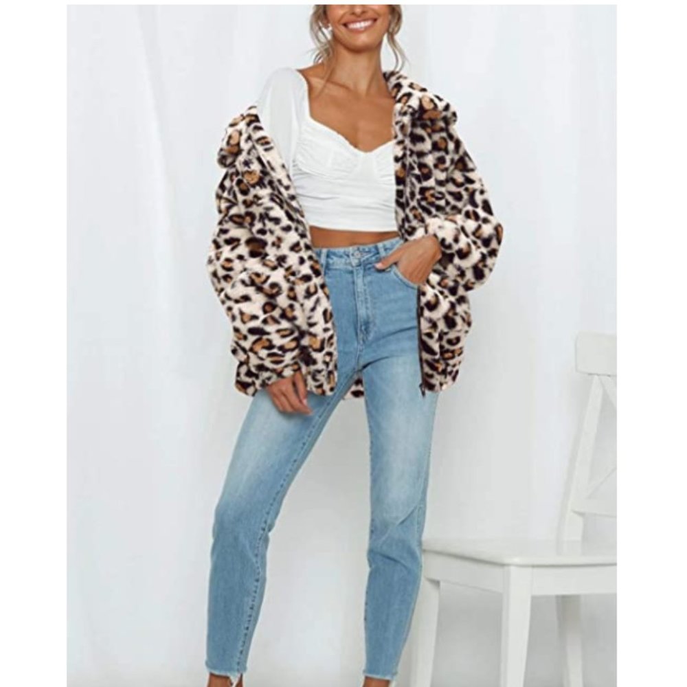 Leopard Print Sherpa Zip Up Jacket Coat